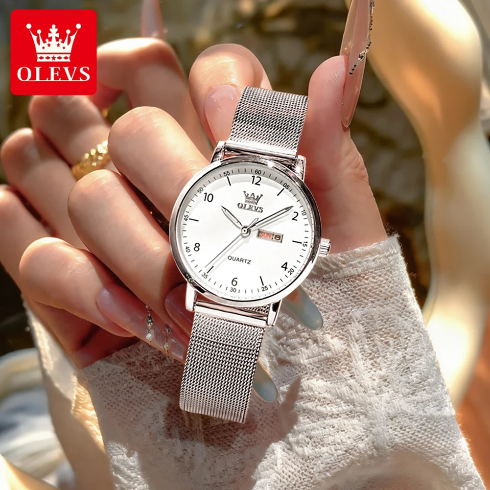 OLEVS 2996 Women Watches Original Elegant Slim Quartz Watch Waterproof Dual Calendar Display Watches For Woman Gift Box Reloj Khamik Shop Online