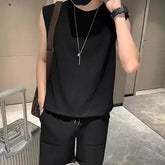 Men Patch Pocket Sleeveless Tank Top Loose Ice Silk Shorts Set Trendy Casual Summer Two Piece Outfit Khamik Shop Online