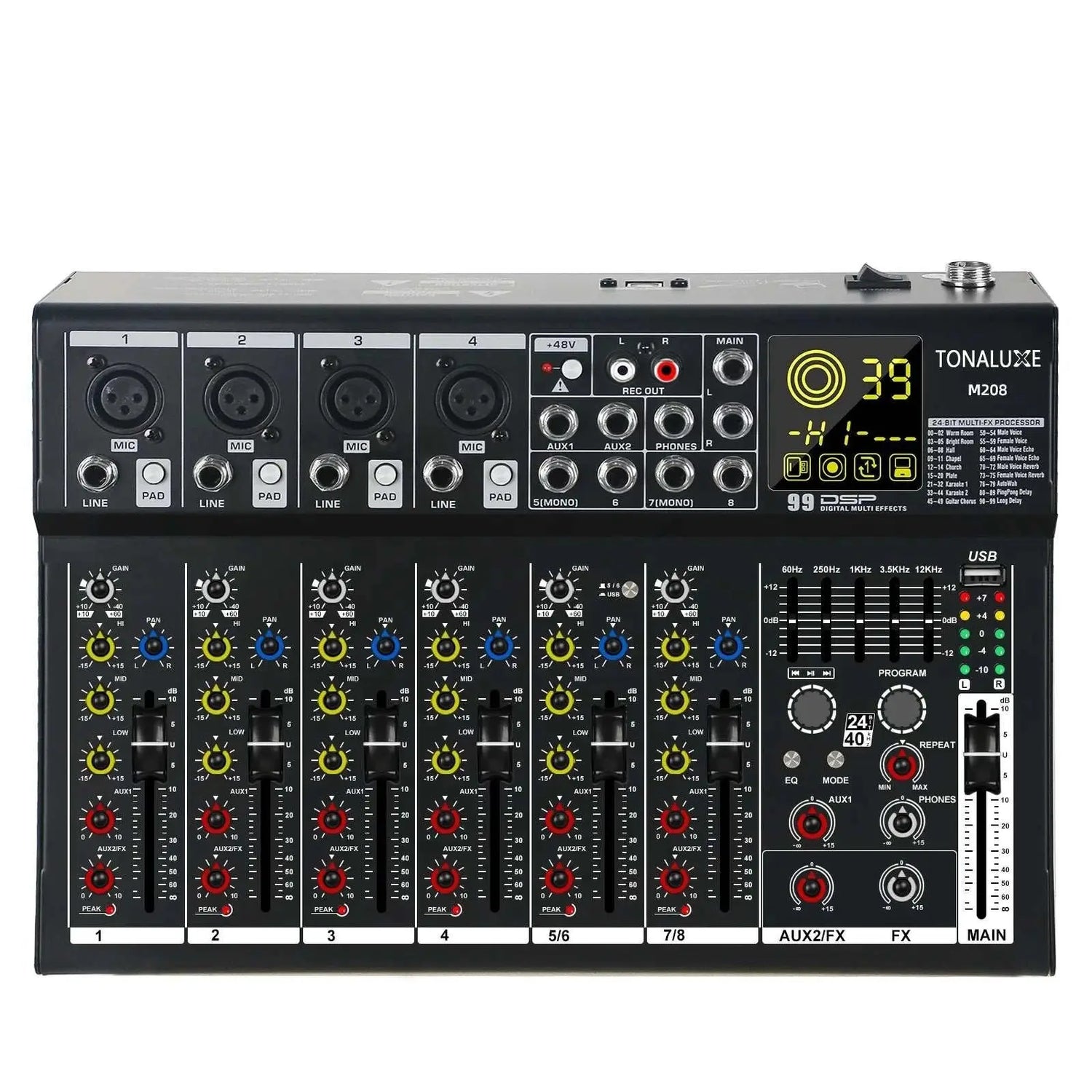 Fuluode M206/M208 Audio mixer 99 Preset DSP Effects 7-Band EQ Adjustment on Main Output Bluetooth USB MONO Input Connectivity Khamik Shop Online