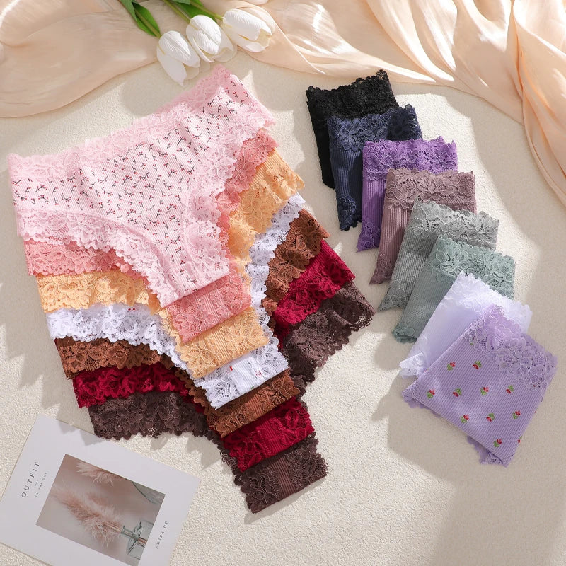 3Pcs Cotton Lace Patchwork Bikini Panties Women Seamless Floral Print Brazilian Pants Low Waist Breathable Female Sexy Lingerie Khamik Shop Online