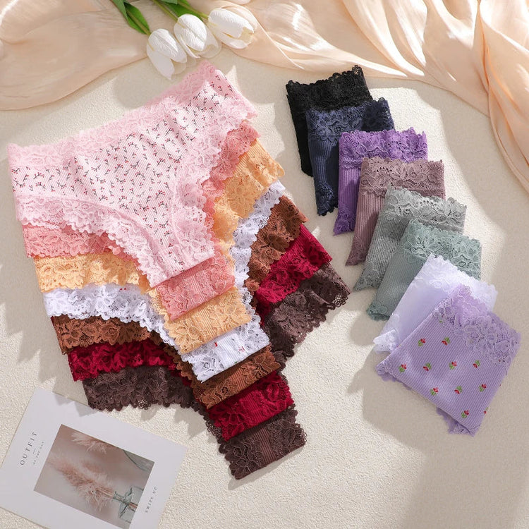 3Pcs Cotton Lace Patchwork Bikini Panties Women Seamless Floral Print Brazilian Pants Low Waist Breathable Female Sexy Lingerie Khamik Shop Online