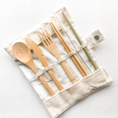 Bamboo Cutlery Set | Zero Waste Reusable | Washable Organic Cotton Ruby Caeneus