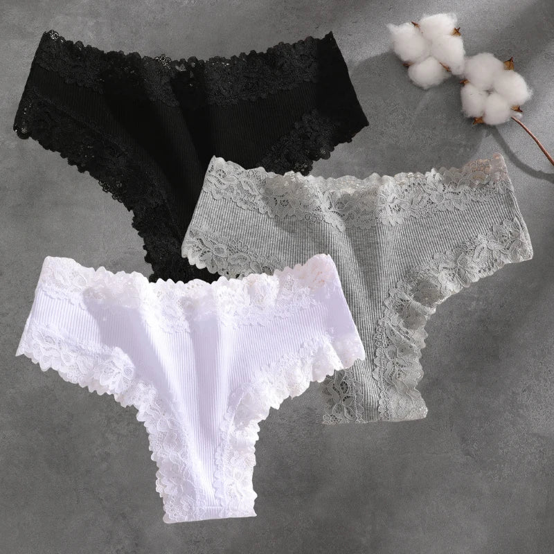 3Pcs Cotton Lace Patchwork Bikini Panties Women Seamless Floral Print Brazilian Pants Low Waist Breathable Female Sexy Lingerie Khamik Shop Online