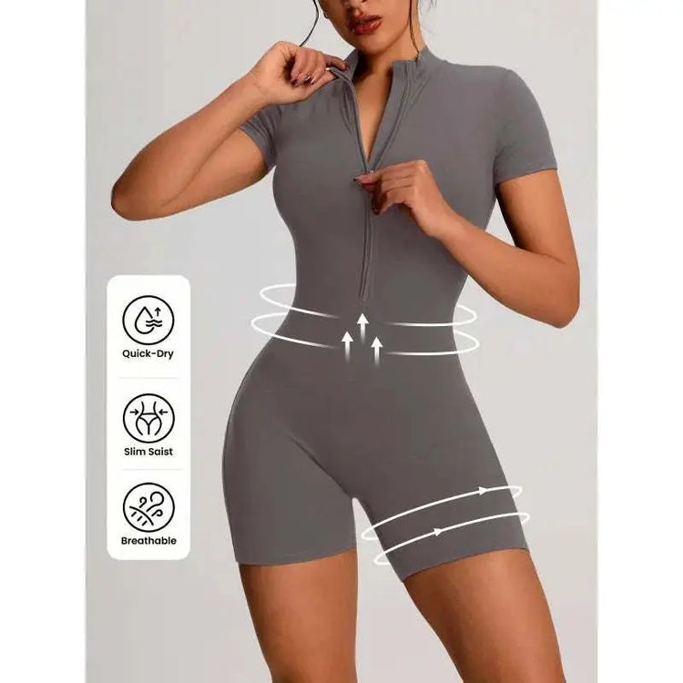 Veste sport femme combinaison zip courte col montant couleur unie manches courtes
