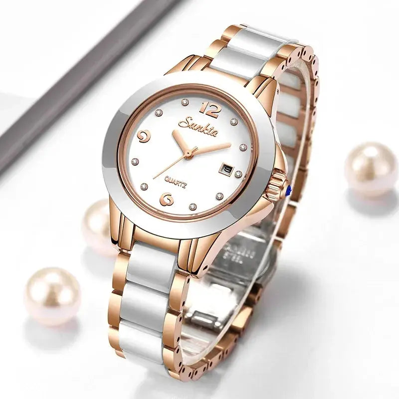 Sunkta Fashion Casual Quartz Woman Watch Elegant Luxury Ceramics Diamond Calendar Waterproof Ladies Women&