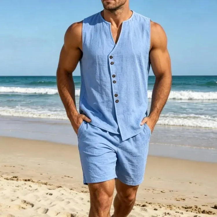 Men Simple Solid Linen Sleeveless Vest Shirt Shorts Set Summer Beach Casual Outfit Khamik Shop Online