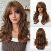 LOUIS FERRE Long Wavy Ombre Brown Wig with Bangs Synthetic Hair Wig Heat Resistant Daily Wear Office Party Cosplay Halloween Khamik Shop Online