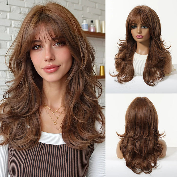 LOUIS FERRE Long Wavy Ombre Brown Wig with Bangs Synthetic Hair Wig Heat Resistant Daily Wear Office Party Cosplay Halloween Khamik Shop Online