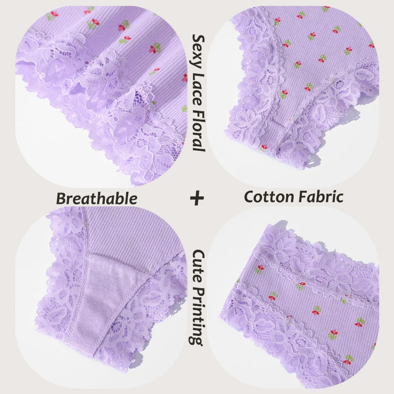 3Pcs Cotton Lace Patchwork Bikini Panties Women Seamless Floral Print Brazilian Pants Low Waist Breathable Female Sexy Lingerie Khamik Shop Online