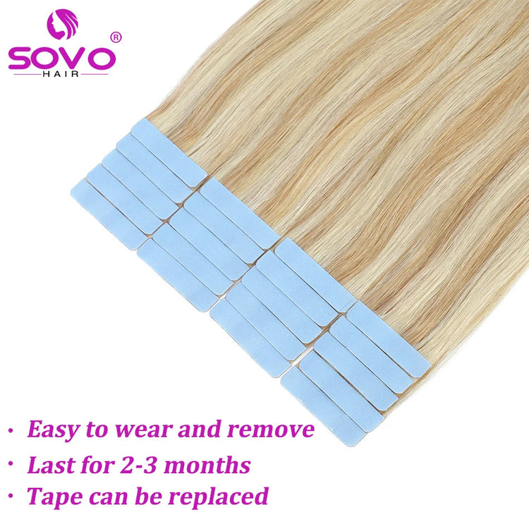 SOVO Tape in Hair Extensions 100% Remy Human Hair 20 Inch  20pcs  Balayage Skin Weft Tape in Extensions  12-26 inch Khamik Shop Online