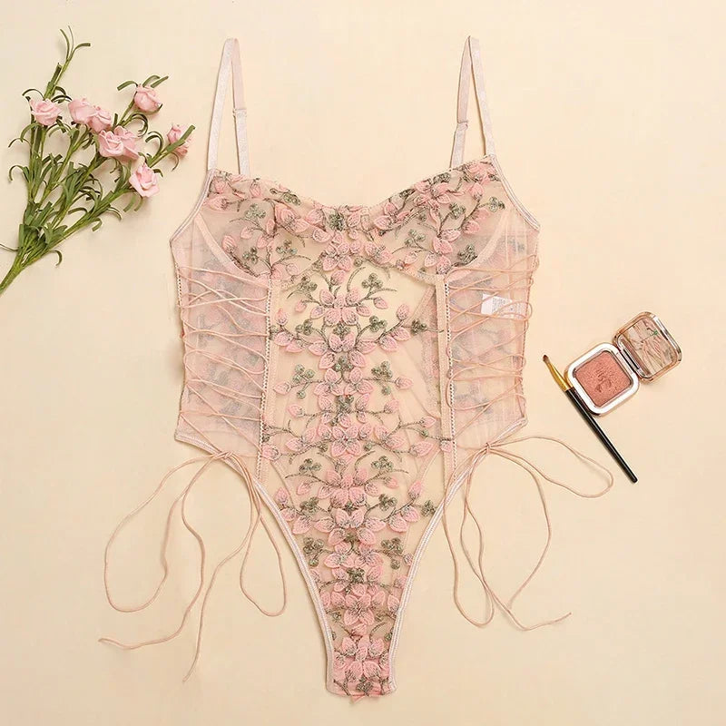 Women Sexy Lingerie Bodysuit Floral Printed Embroidery Transparent Bodycon Romper Lace Up Bandage Sleeveless Erotic Underwear Khamik Shop Online