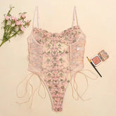 Women Sexy Lingerie Bodysuit Floral Printed Embroidery Transparent Bodycon Romper Lace Up Bandage Sleeveless Erotic Underwear Khamik Shop Online