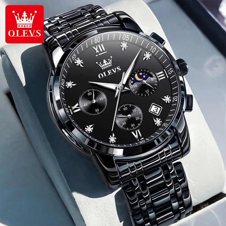 OLEVS 2858 Quartz Watch for Men Classic Three Eye Chronograph Small Dial 24 Hour Moon Phase Luxury Original Men&