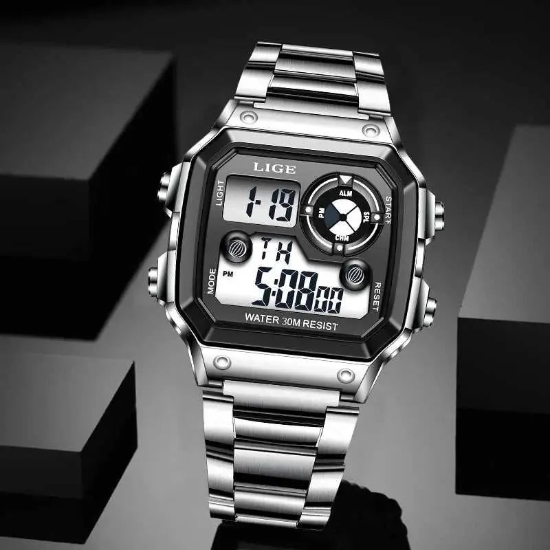 LIGE Fashion Casual Electronic Man Watch Sports Waterproof Luminous Alarm Stainless Steel Band Digital Men&