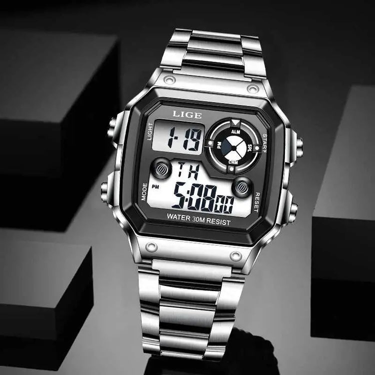 LIGE Fashion Casual Electronic Man Watch Sports Waterproof Luminous Alarm Stainless Steel Band Digital Men&