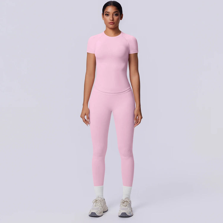 Rooftrellen New 2PCS/set Yoga Set Summer Quick Drying Fitness Sports Workout Top T-Shirt High Stretch Seamless Yoga Leggings Set Khamik Shop Online