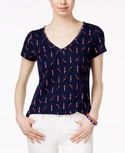 Maison Jules Cotton Printed V Neck T-Shirt Amber Chrysippus