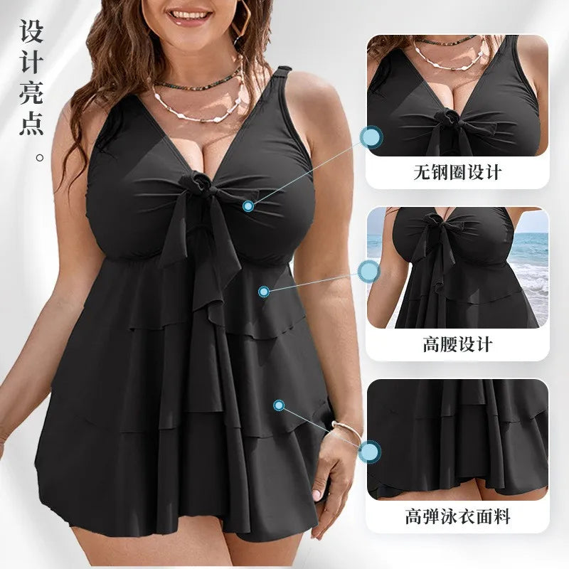 Woman Tankini Swimsuit Sleeveless Swimwear Plus Size High Waist Bathing Suit Ruffled Skirt Solid Black Swimsuit Two Tummy Khamik Shop Online