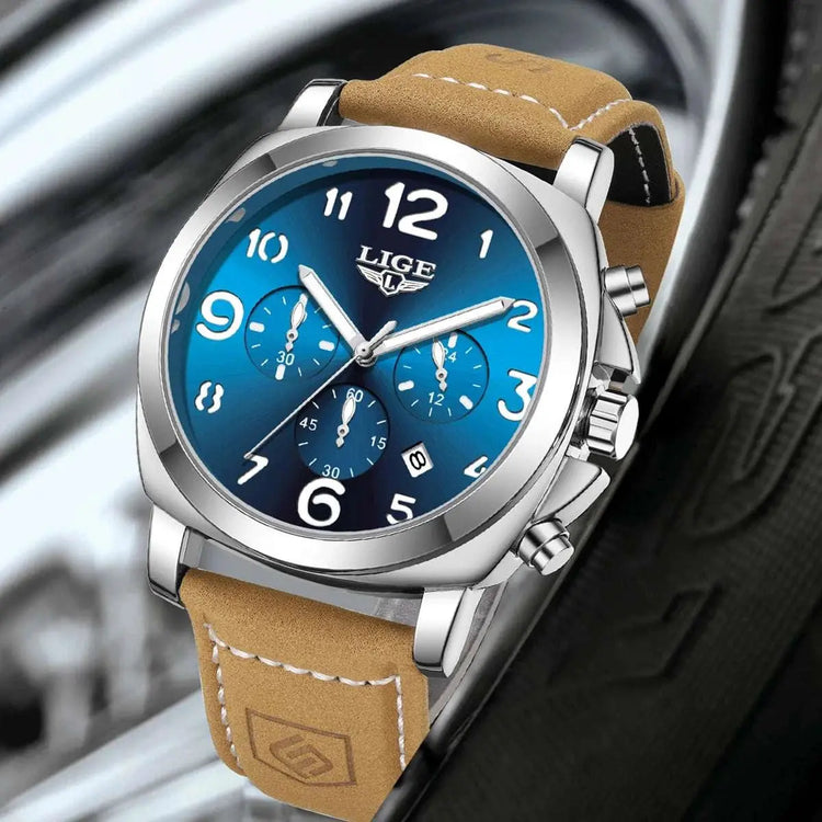 LIGE Casual Outdoor Quartz Man Watch Fashion Sport Waterproof Luminous Auto Date Leather Strap Wristwatch for Men Male Gifts Box Khamik Shop Online