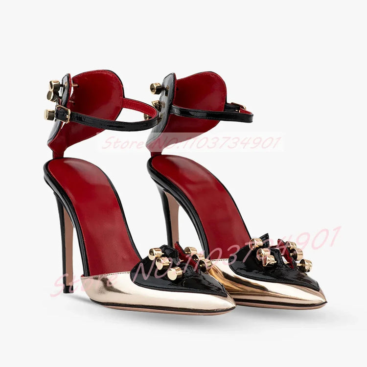 Gold Metal Rivets Splicing Stiletto Sandals Women Sexy Metallic Leather Ankle Strap Sandals Female Wedding Party Classy Footwear Khamik Shop Online