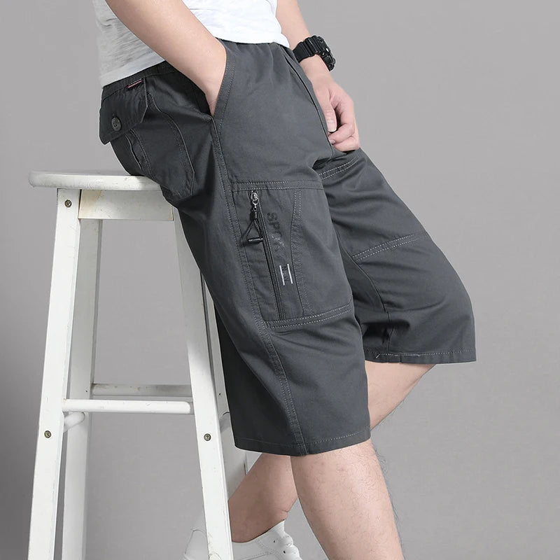 Mens Cargo Shorts Knee Pants Zipper Pocket Summer Cotton Shorts Climbing Jogger Elastic Waist Sports Wear Khamik Shop Online