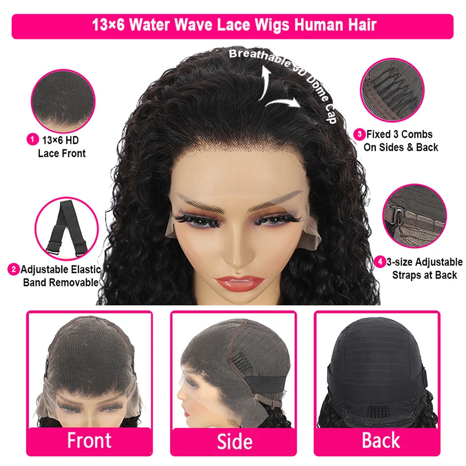 100% Human Hair Water Wave 13X6 Lace Front Wigs Pre Plucked 200 Density Deep Part Curly Wig For Woman 5X5 Wavy HD Closure Wig 32 Khamik Shop Online