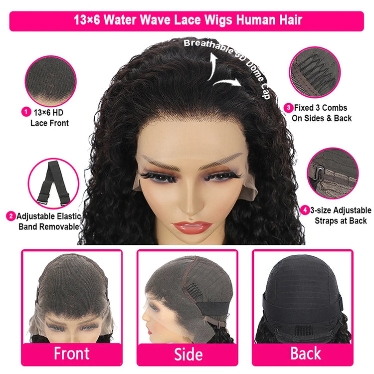 100% Human Hair Water Wave 13X6 Lace Front Wigs Pre Plucked 200 Density Deep Part Curly Wig For Woman 5X5 Wavy HD Closure Wig 32 Khamik Shop Online