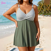 Big size color-blocked striped skirt-style swimsuit cross V-neck swimsuit with belly coverage for ladies sexy backless swimsuit Khamik Shop Online