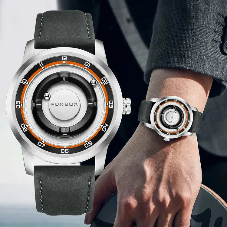 FOXBOX Magnetic Driven Watch Fashion Waterproof Quartz Wristwatch Rolling Steel Ball Pointer Sports Watches Military Clock+Box Khamik Shop Online