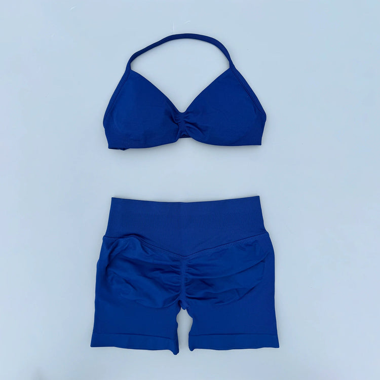 AURA SHARK Strappy Bra Gym Set Women High Support Thin Strap Seamless Halter Sports Scrunch Workout Yoga Set 2 Piece Khamik Shop Online