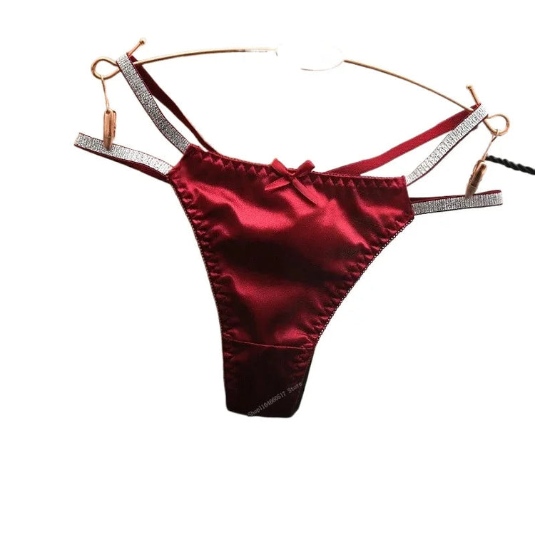 Sexy Silk Satin Thongs Hollow Out Fashion Solid Color Panties Cotton Crotch Low Waist Breathable Pure Color Women&