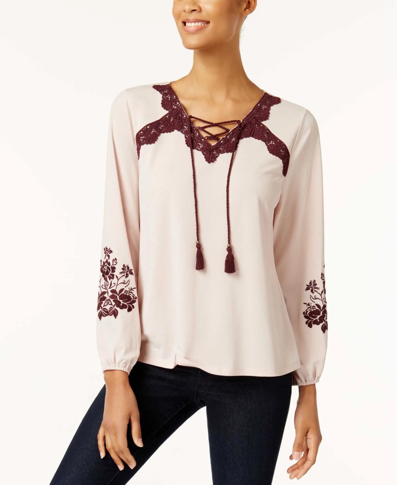 Style & Co Embroidered Lace Up Top Amber Chrysippus