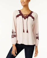 Style & Co Embroidered Lace Up Top Amber Chrysippus