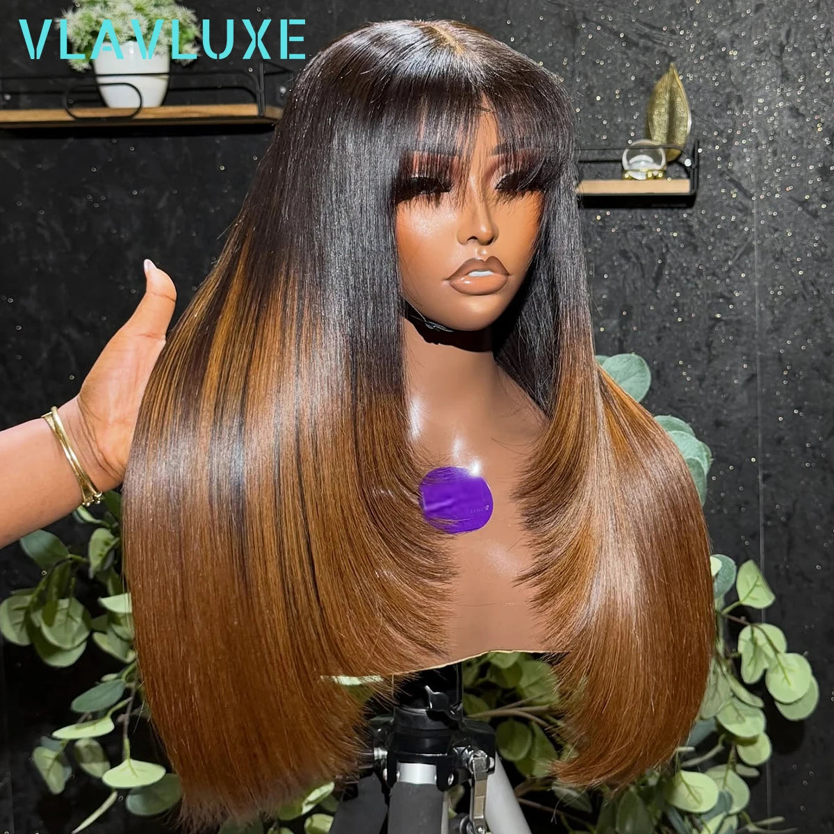Ombre Colored Brown With Bang Layered 13x6 HD Transparent Lace Frontal Wig Bone Straight Glueless 300/400 Density Human Hair Wig Khamik Shop Online