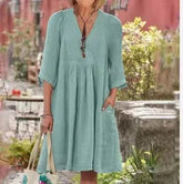 Cotton And Linen Dress For Women 2024 Autumn 3/4 Sleeve Casual Loose Solid Color V-neck Midi Dresses Elegant Women&