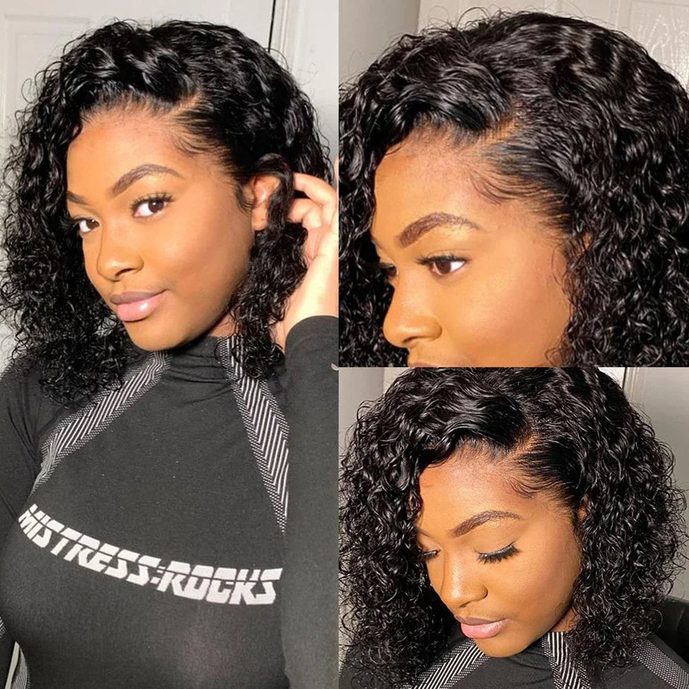 13x4 Lace Wig Side Part Pixie Cut Wigs 100% Virgin Hair Side Part Brazilian Water Wave bob Wig Transparent Lace For Black Women Khamik Shop Online