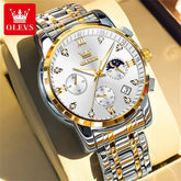 OLEVS 2858 Quartz Watch for Men Classic Three Eye Chronograph Small Dial 24 Hour Moon Phase Luxury Original Men&