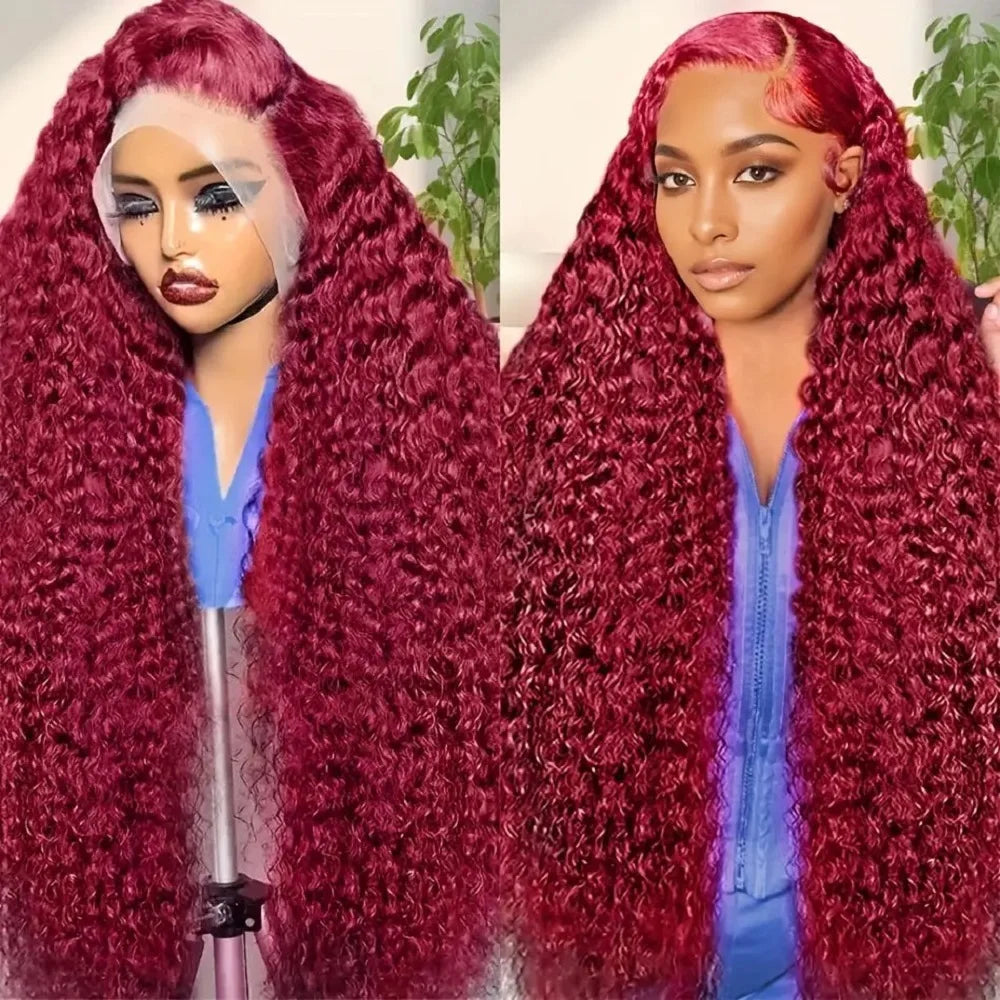 200 Density Burgundy Deep Wave Human Hair Wig 99J Colored 13x4 13x6 HD Water Curly Wave Full Lace Frontal Wigs For Women 46 Inch - Khamik Shop Online