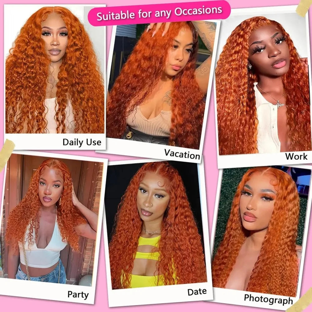 200% Density Ginger Orange Deep Wave Human Hair Wig 13x6 Hd Lace Front Human Hair Wig 