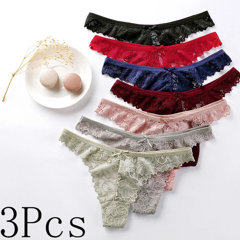 3Pcs/Lot Sexy Lace Thong Low Waist Lace Transparent Panties Women Hollow Out Breathable G String Briefs Bow Underwear Lingerie