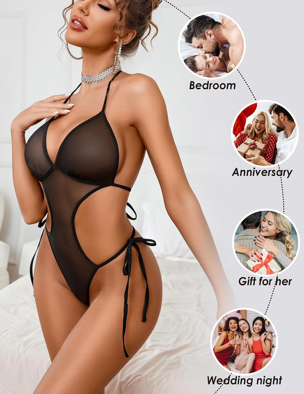 Sexy Lingerie for Women Lace Bodysuit Deep V Teddy Mesh Bodysuit