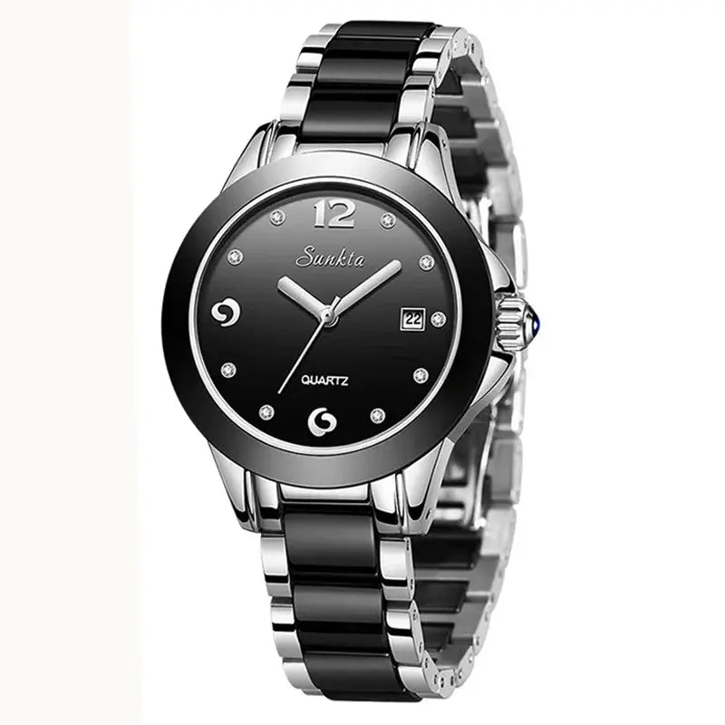 Sunkta Fashion Casual Quartz Woman Watch Elegant Luxury Ceramics Diamond Calendar Waterproof Ladies Women&