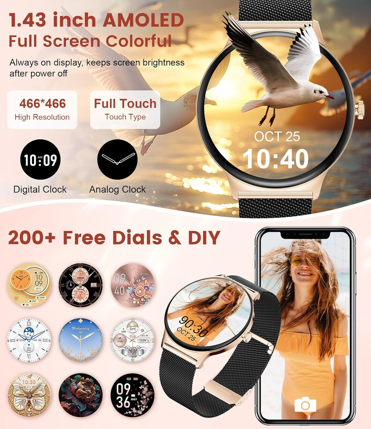 Smart Watches for Women with Answer/Make Calls, 1,43" HD AMOLED Smart Watch with 120+Sports Fitness Tracker/Calorie, IP68 Waterproof Reloj Intente Para Mujer, Android Ios Smartwatch