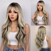 REEWES Ombre Blonde Long Black Wavy Synthetic Wig With Bang Daily Wear Anime Cosplay Khamik Shop Online