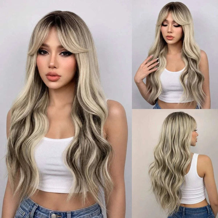 REEWES Ombre Blonde Long Black Wavy Synthetic Wig With Bang Daily Wear Anime Cosplay Khamik Shop Online
