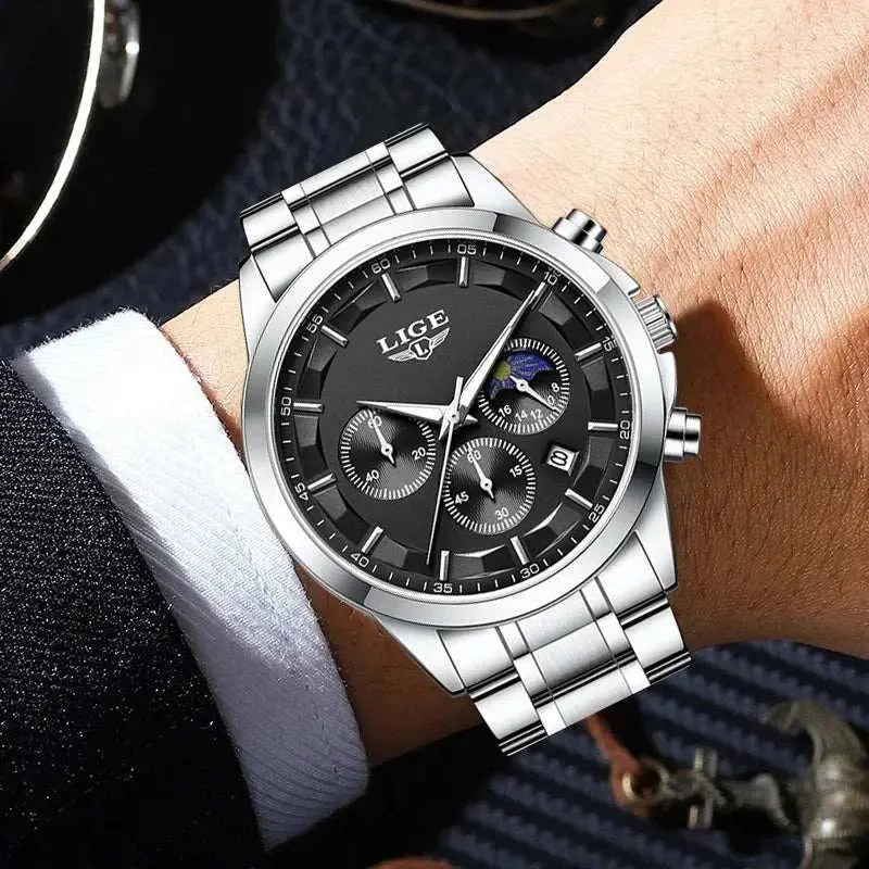 LIGE Luxury Fashion Quartz Man Watch Classic Business Auto Date Gentlemen Steel Band Moon Phase Waterproof Watches for Men Male Khamik Shop Online