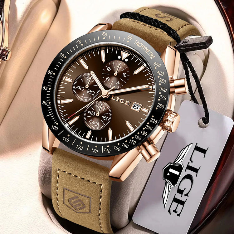 LIGE Leather Watches Men Fashion Business 30M Waterproof Quartz Wristwatch Chronograph Date Luxury Luminous Sports Man Watch+Box Khamik Shop Online
