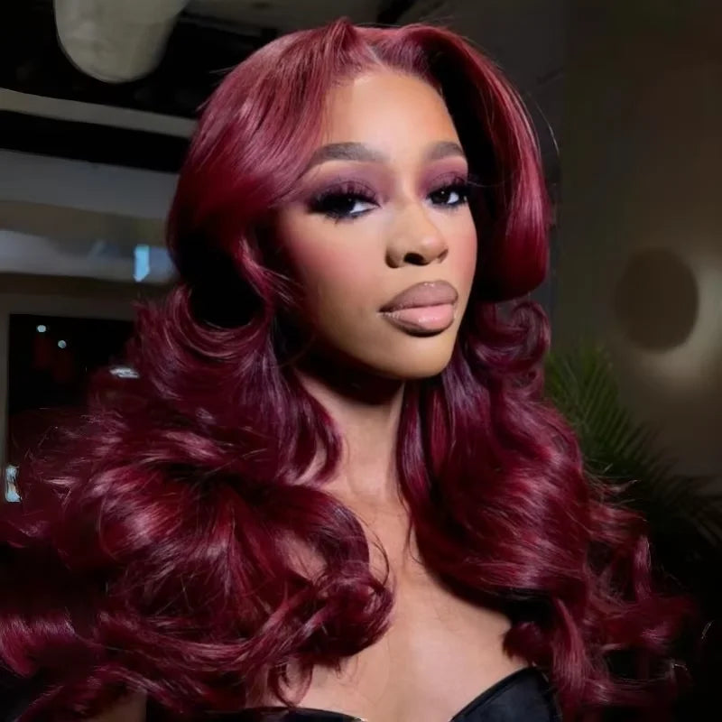99J Dark Burgundy Colored Body Wave With Bangs Human Hair Wig 13x6 Lace Frontal Wig 13X6 Red Lace Front Human Hair Wigs 13X4 Burgundy 99J Lace Front Wigs Pre Plucked Black Women Khamik Shop Online