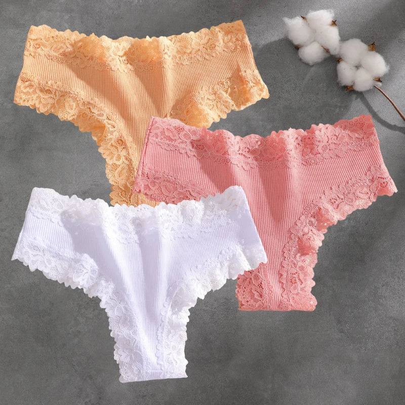 3Pcs Cotton Lace Patchwork Bikini Panties Women Seamless Floral Print Brazilian Pants Low Waist Breathable Female Sexy Lingerie Khamik Shop Online
