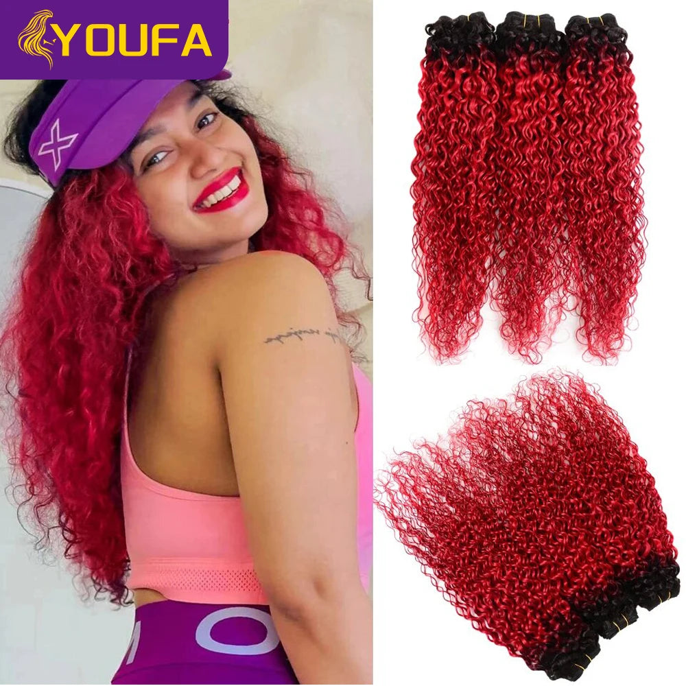 Hot Red Curly 100% Human Hair Bundles For Women 1Pc Lot Brazilian Bouncy Kinky Curly Hair Ombre 1B Red Human Hair Weave Bundles Khamik Shop Online